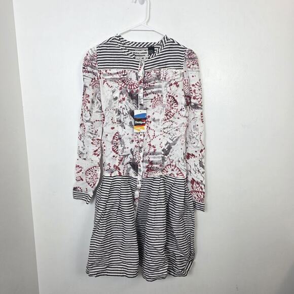 Desigual White Gray Striped Long Sleeve Button Up Arsty Mini Dress Size 8 - Picture 2 of 11